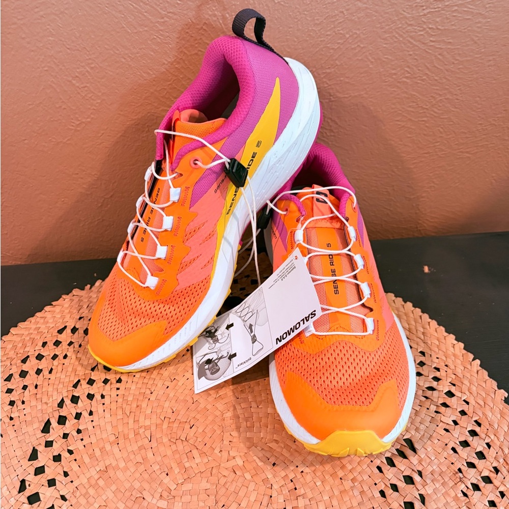 Salomon Sense Ride 5 women's trail running shoes in the "Bird of Paradise Sz 8